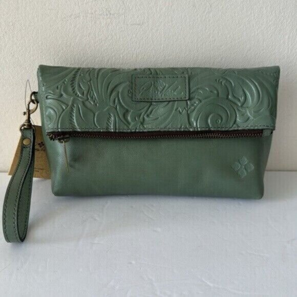 PATRICIA NASH Leath Tooled “Valerie” Wristlet Clutch Fold-Over Pouch Sage Green